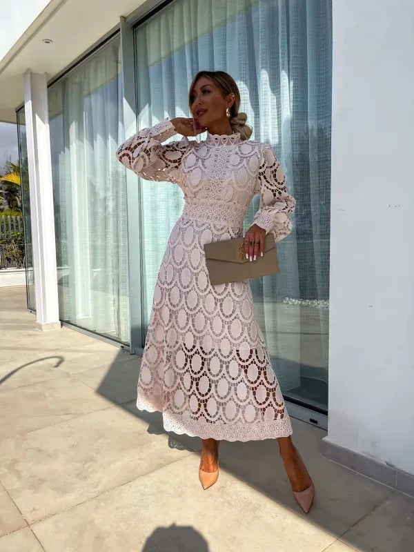 Thea | Long Lace Dress with High Neck and Puff Sleeves
