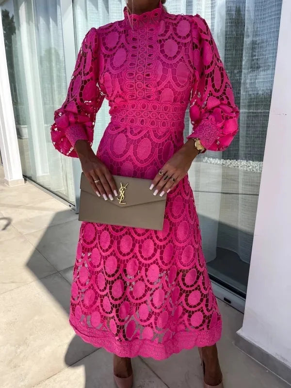 Thea | Long Lace Dress with High Neck and Puff Sleeves