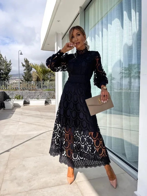 Thea | Long Lace Dress with High Neck and Puff Sleeves