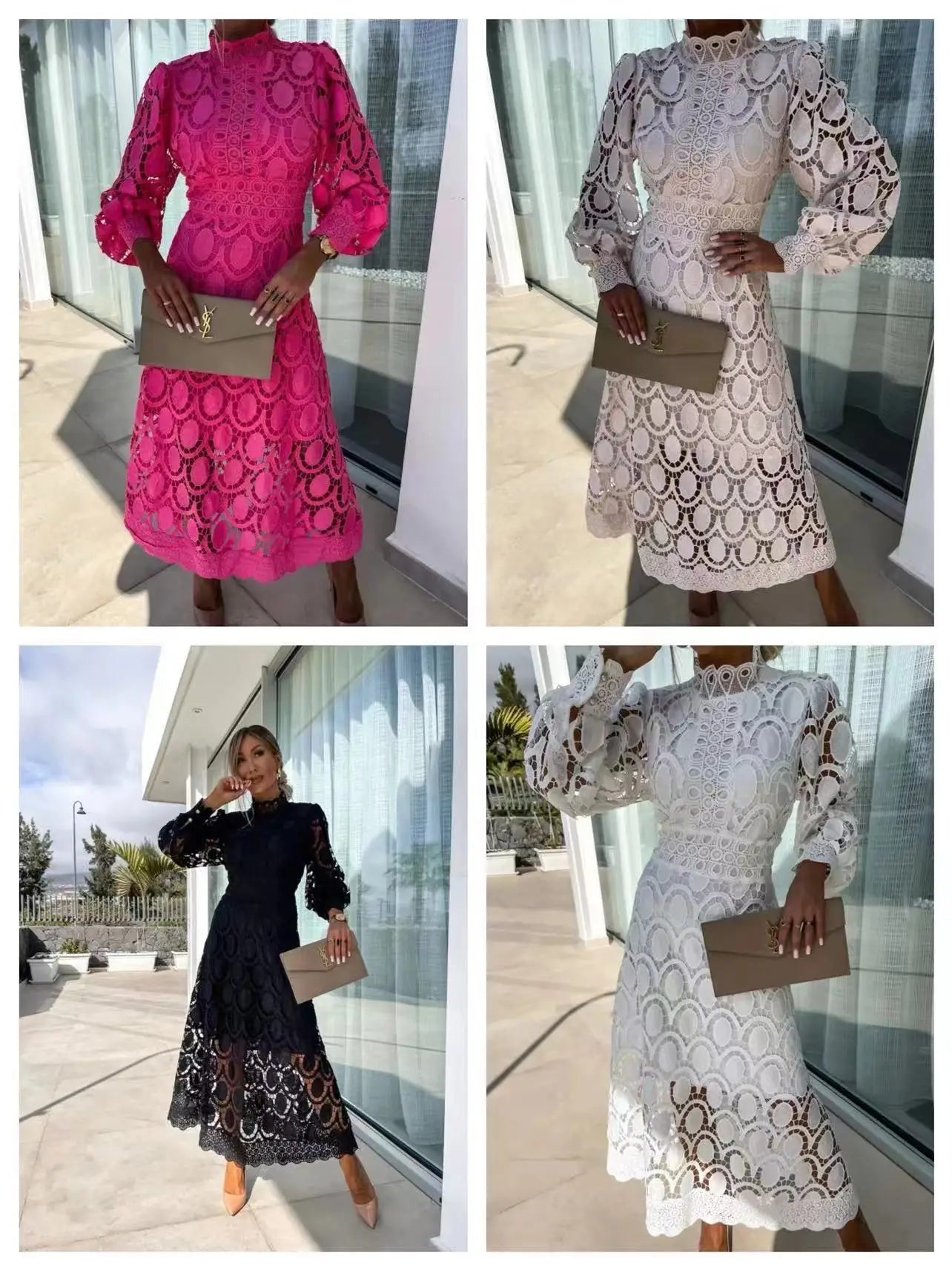 Thea | Long Lace Dress with High Neck and Puff Sleeves