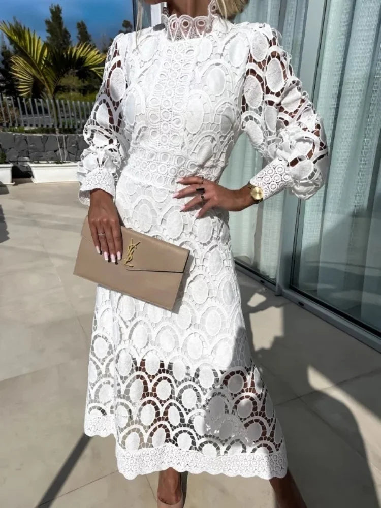 Thea | Long Lace Dress with High Neck and Puff Sleeves
